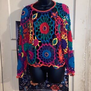 VTG BOHO SWEATER Open Crochet Bead Embellished HIPPIE